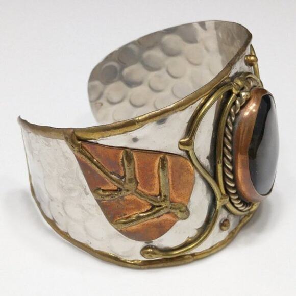Brown Gemstone Mixed Metal Handmade Cuff Bracelet, 6 3/8 Inches - Picture 7 of 10